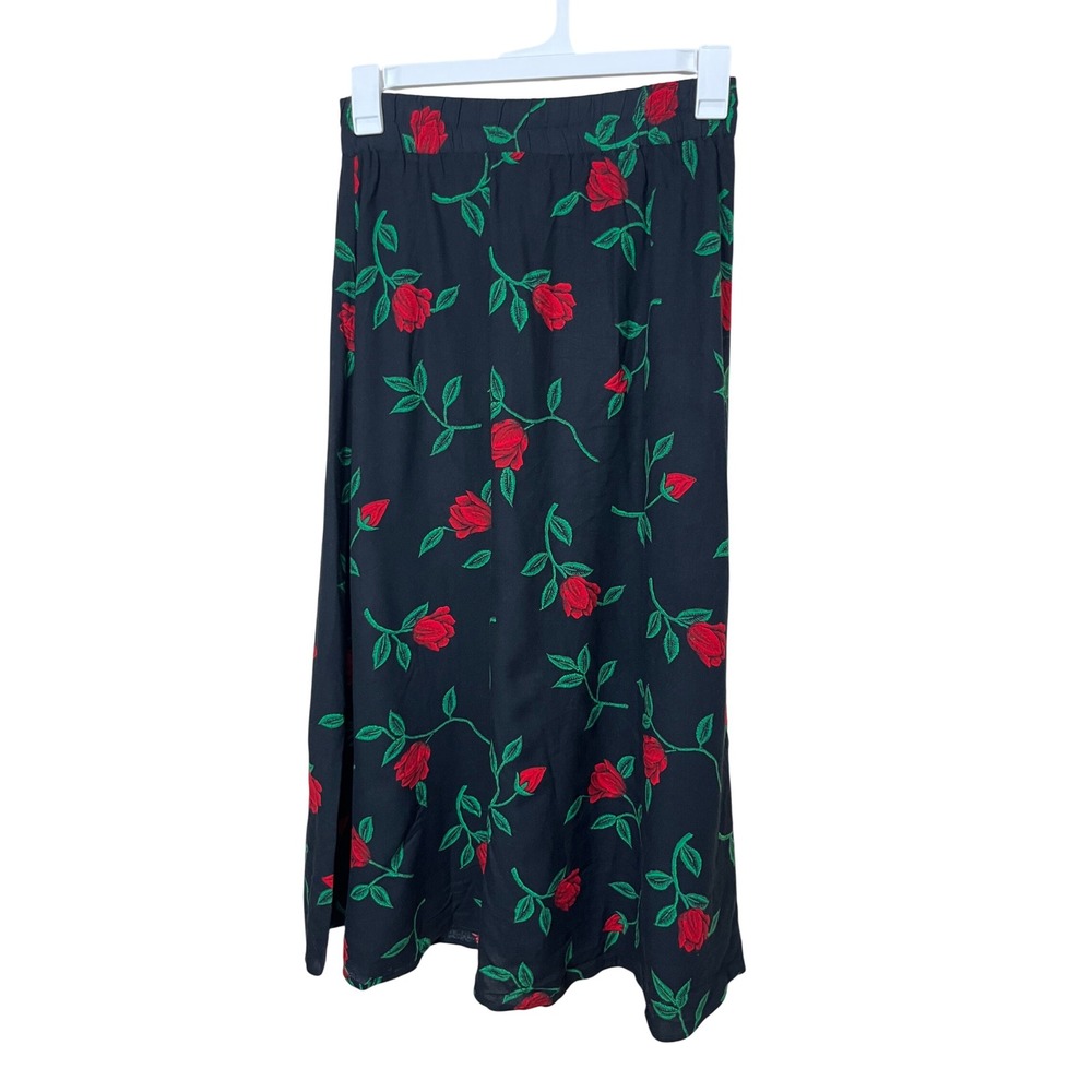 Vintage Black Red Rose Floral Maxi Skirt Lightweight Casual Boho